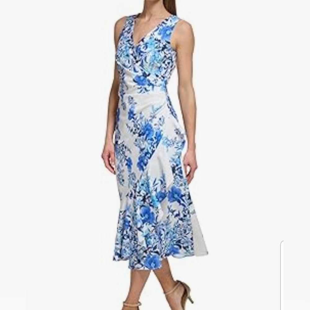 Eliza J Blue and White Floral Faux Wrap Sleeveless Midi Dress Size 8